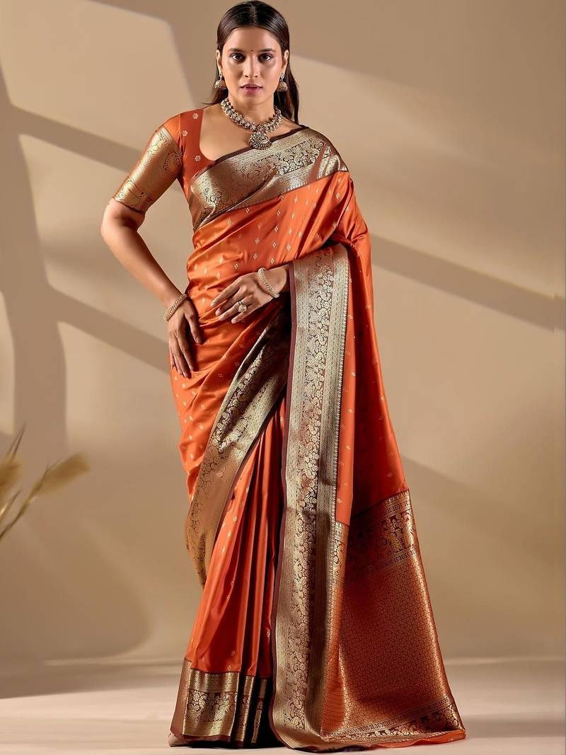Orange silk blend woven design saree with blouse