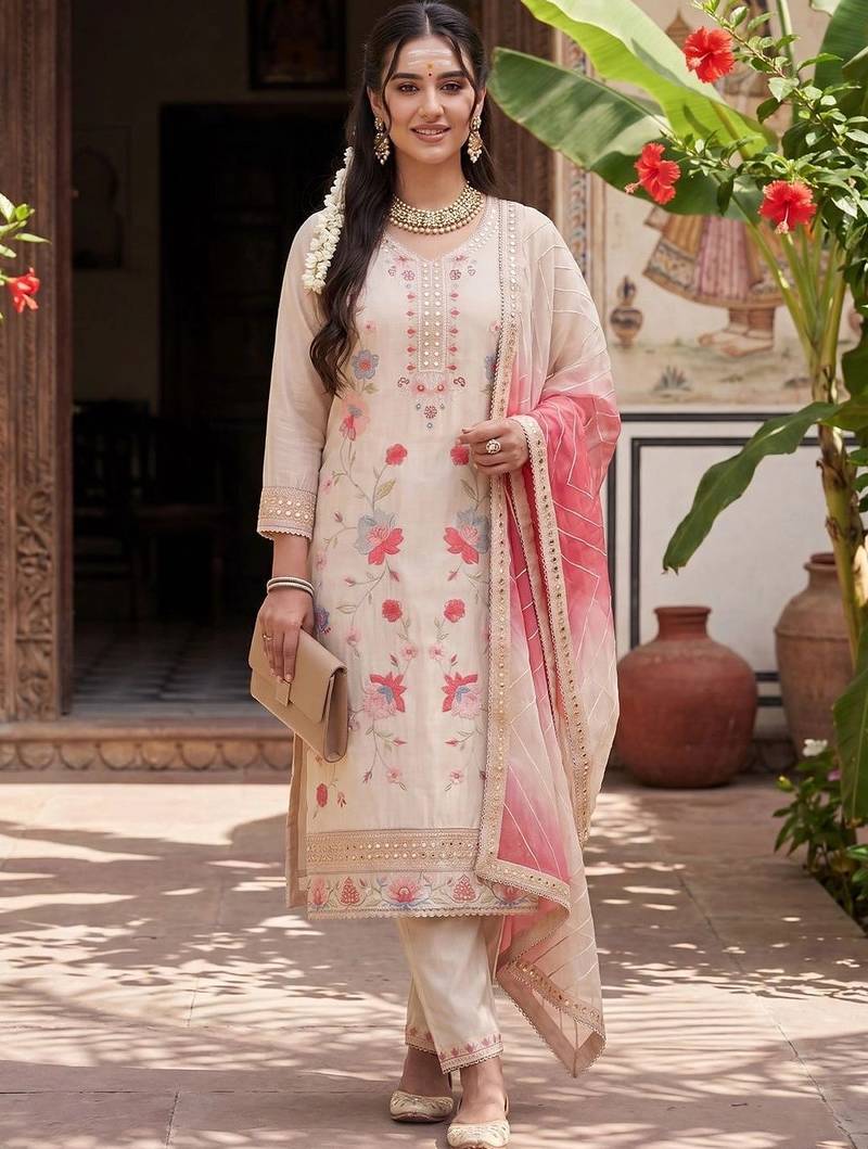 Women Floral Embroidered Regular Patchwork Kurta with Trousers & With Dupatta