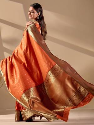 Orange silk blend woven design saree with blouse 2