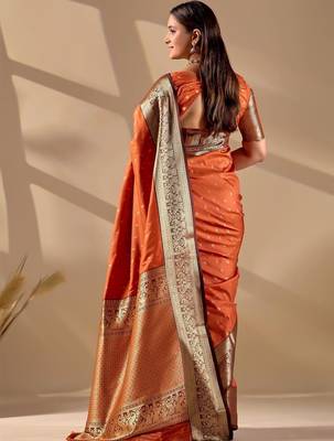 Orange silk blend woven design saree with blouse 3