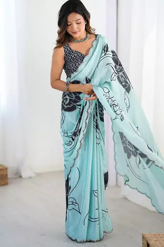 aqua blue heavy chiffon mirror work saree