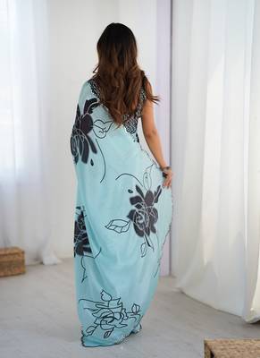 aqua blue heavy chiffon mirror work saree 2