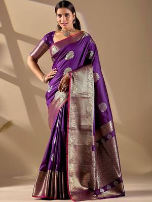 Purple silk blend woven design saree with blouse 1