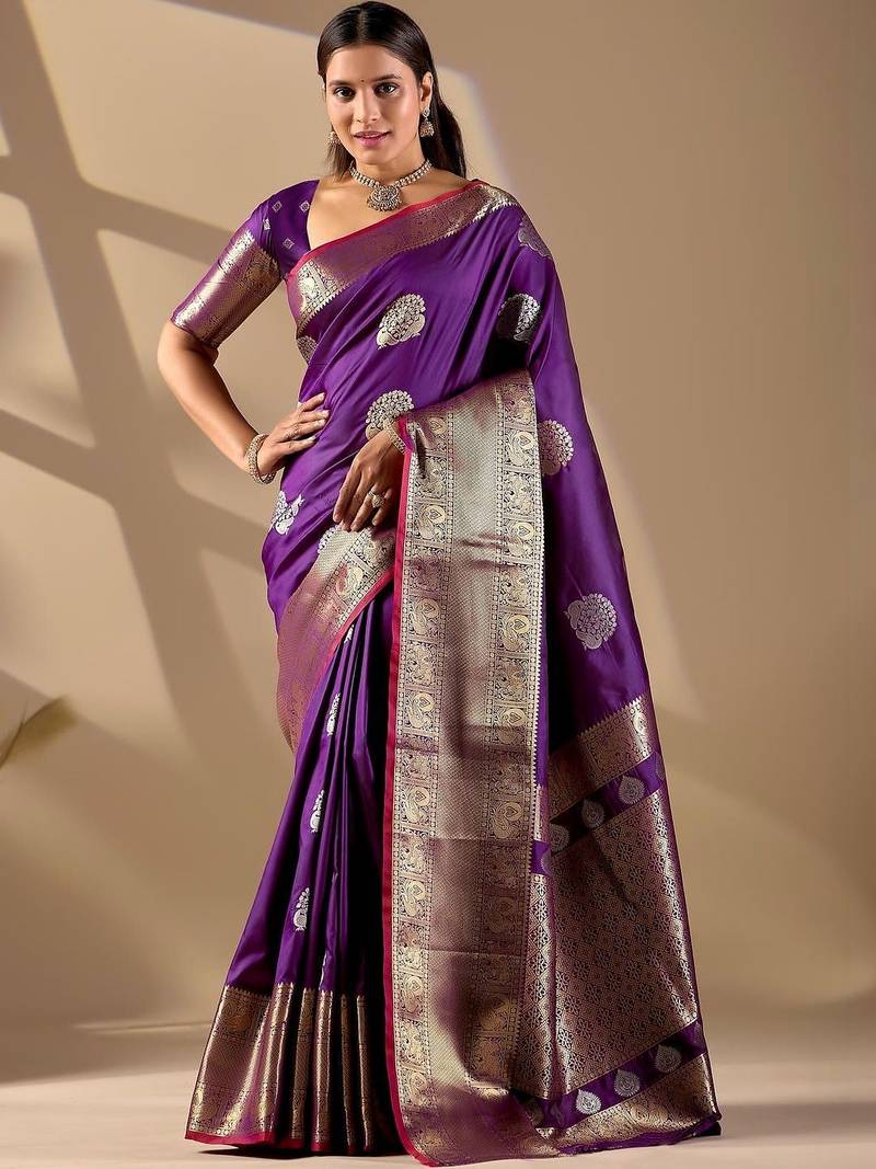 Purple silk blend woven design saree with blouse