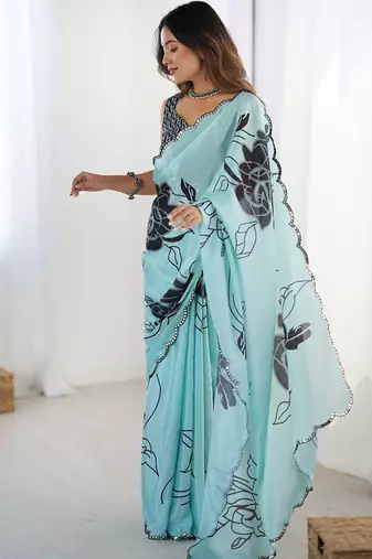 aqua blue heavy chiffon mirror work saree