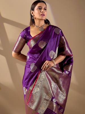 Purple silk blend woven design saree with blouse 3
