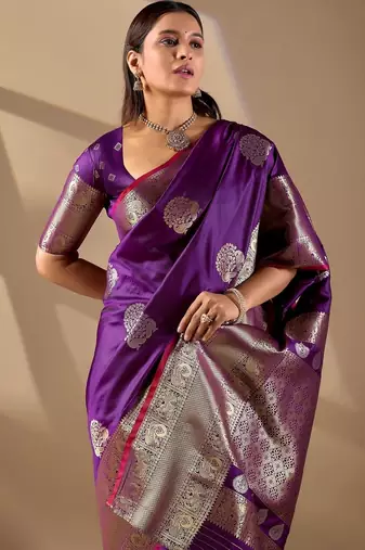 Purple silk blend woven design saree with blouse