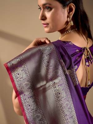 Purple silk blend woven design saree with blouse 4