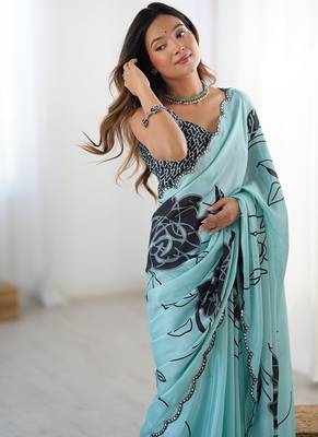 aqua blue heavy chiffon mirror work saree 5