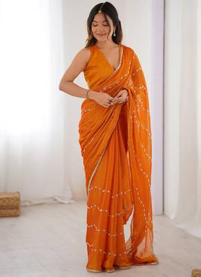 orange heavy smooth sitara mirror work satin saree 1