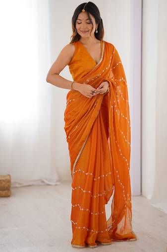 orange heavy smooth sitara mirror work satin saree
