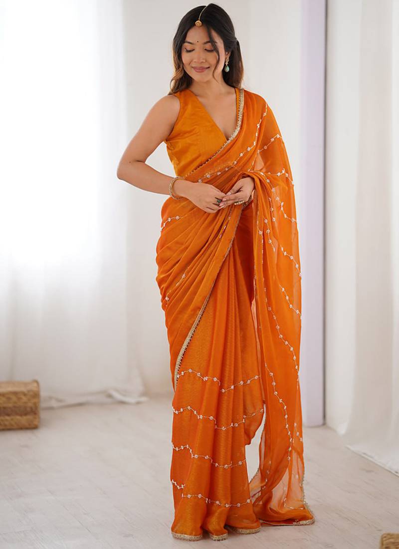 orange heavy smooth sitara mirror work satin saree