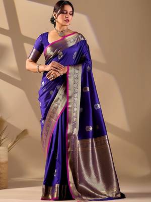 Dark Blue silk blend woven design saree with blouse 1