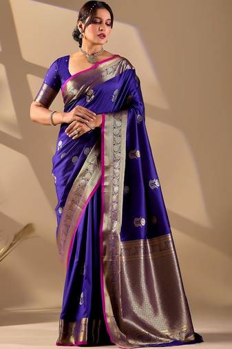 Dark Blue silk blend woven design saree with blouse