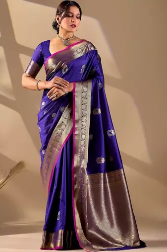 Dark Blue silk blend woven design saree with blouse