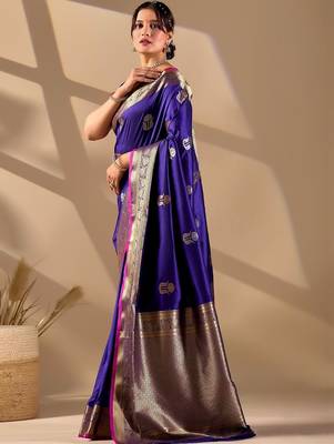 Dark Blue silk blend woven design saree with blouse 2