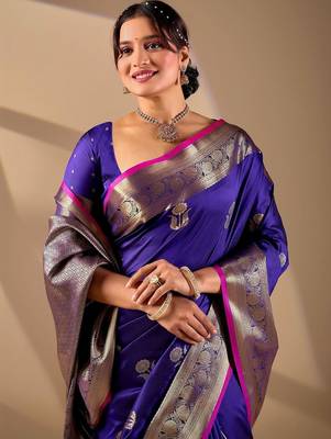 Dark Blue silk blend woven design saree with blouse 3