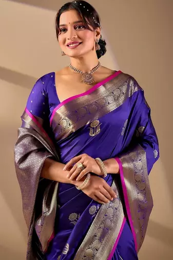 Dark Blue silk blend woven design saree with blouse