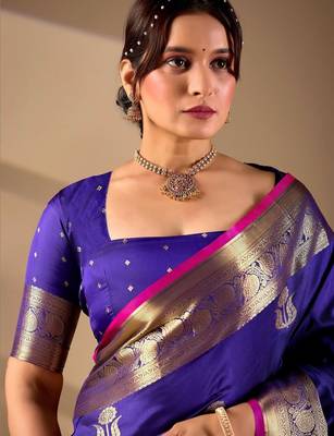 Dark Blue silk blend woven design saree with blouse 4