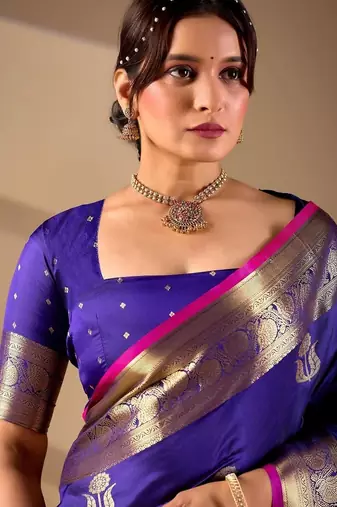 Dark Blue silk blend woven design saree with blouse