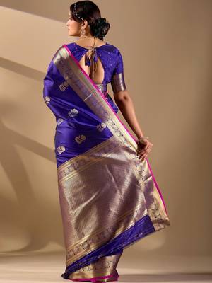 Dark Blue silk blend woven design saree with blouse 5
