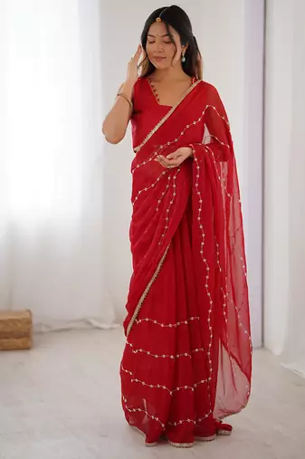 red heavy smooth sitara mirror work satin saree