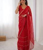 red heavy smooth sitara mirror work satin saree