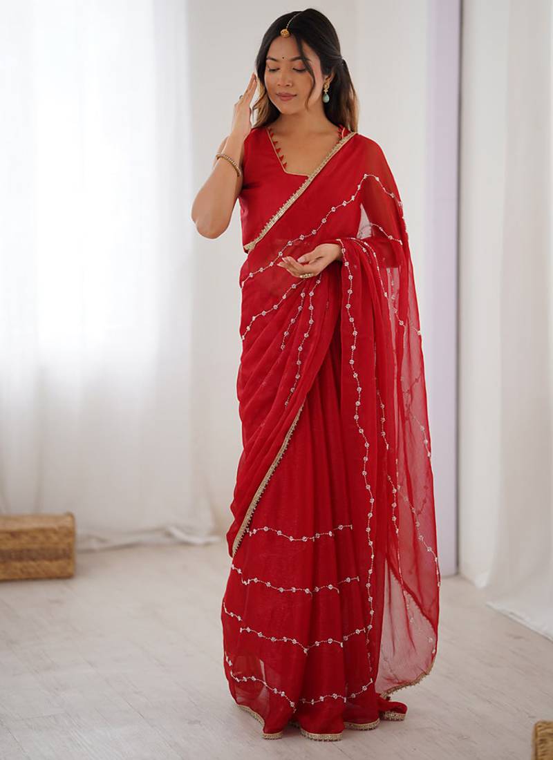red heavy smooth sitara mirror work satin saree