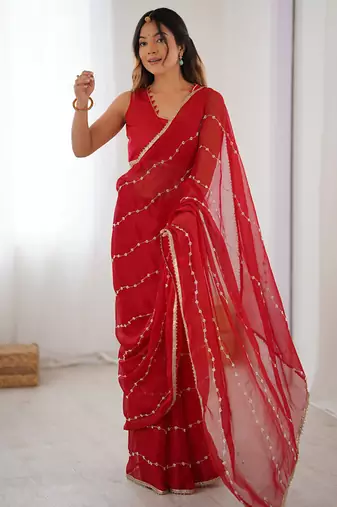 red heavy smooth sitara mirror work satin saree
