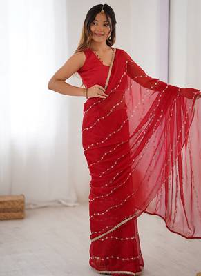 red heavy smooth sitara mirror work satin saree 3