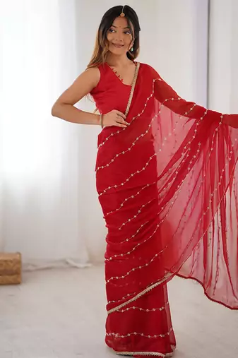 red heavy smooth sitara mirror work satin saree