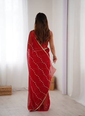 red heavy smooth sitara mirror work satin saree 4