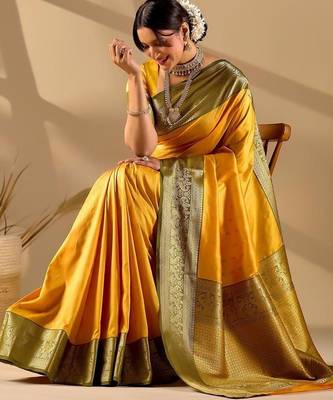 Yellow silk blend woven design saree with blouse 1