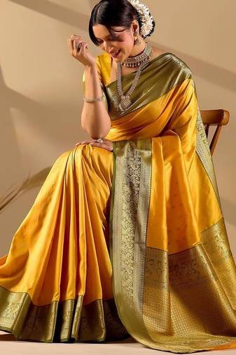Yellow silk blend woven design saree with blouse