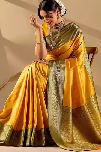 Yellow silk blend woven design saree with blouse
