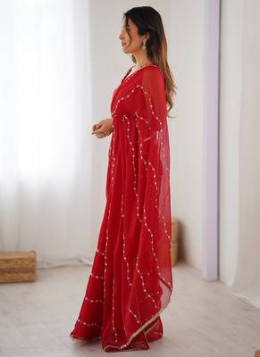 red heavy smooth sitara mirror work satin saree 5