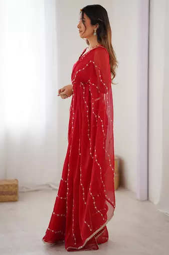 red heavy smooth sitara mirror work satin saree