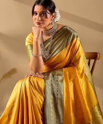 Yellow silk blend woven design saree with blouse 2