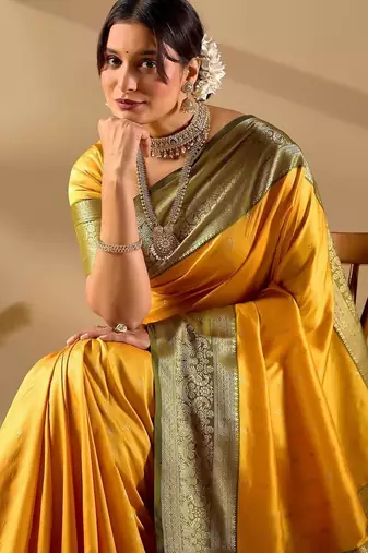 Yellow silk blend woven design saree with blouse