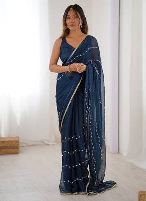 navy blue heavy smooth sitara mirror work satin saree 1