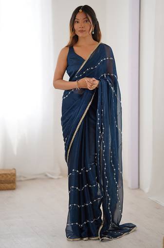 navy blue heavy smooth sitara mirror work satin saree