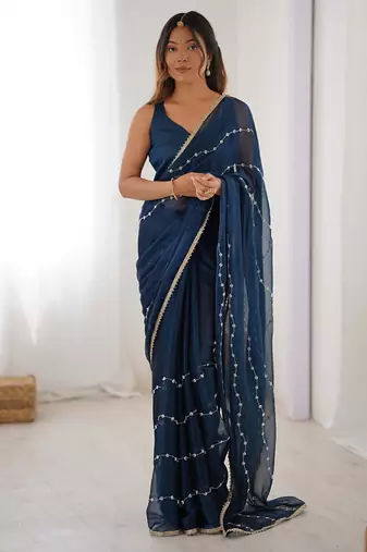 navy blue heavy smooth sitara mirror work satin saree