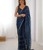 navy blue heavy smooth sitara mirror work satin saree
