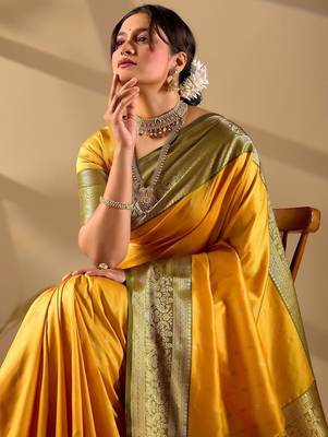 Yellow silk blend woven design saree with blouse 3