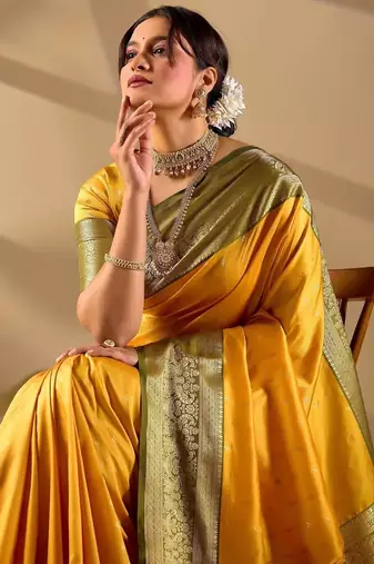 Yellow silk blend woven design saree with blouse