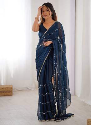 navy blue heavy smooth sitara mirror work satin saree 2