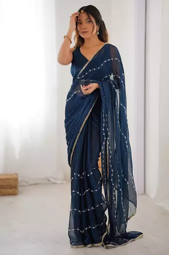 navy blue heavy smooth sitara mirror work satin saree