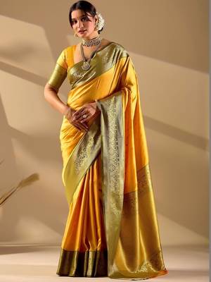 Yellow silk blend woven design saree with blouse 4