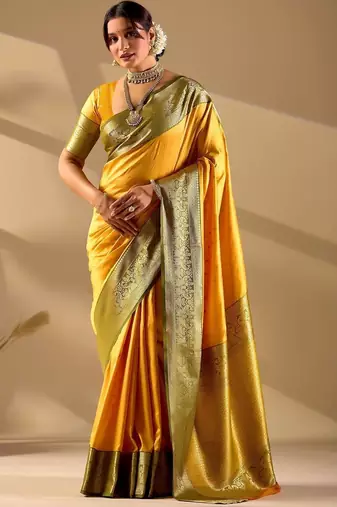 Yellow silk blend woven design saree with blouse