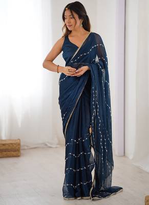 navy blue heavy smooth sitara mirror work satin saree 3